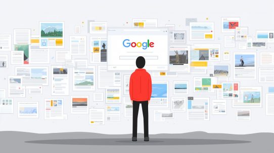Utilisateur devant page Google entouré de résultats web