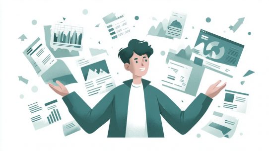 Homme illustré entouré de graphiques et documents