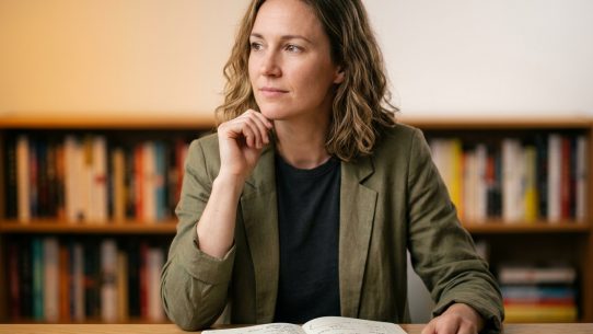 Femme réfléchissant devant carnet ouvert et bibliothèque