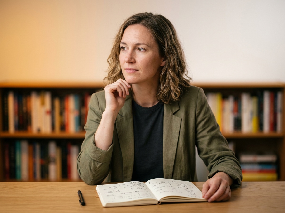Femme réfléchissant devant carnet ouvert et bibliothèque