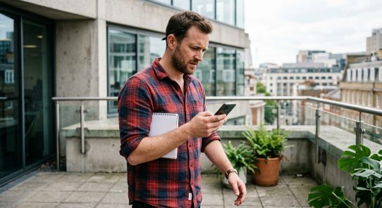 Homme consultant son smartphone sur une terrasse urbaine