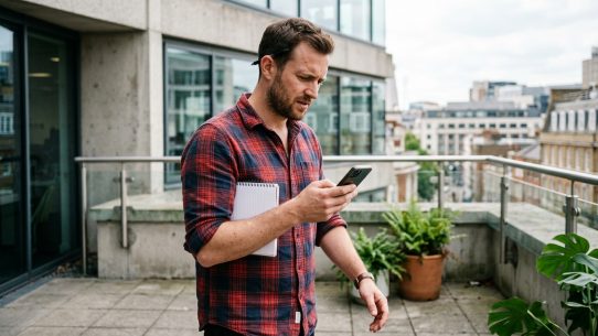 Homme consultant son smartphone sur une terrasse urbaine