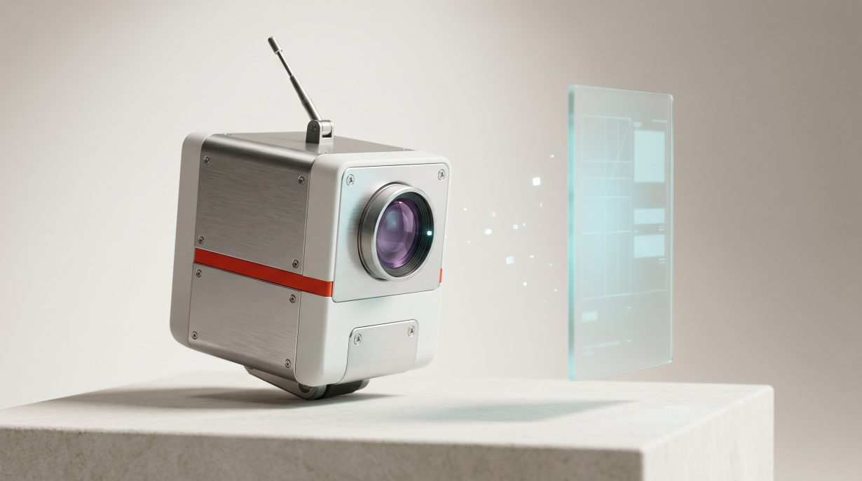 Robot-crawler industriel 3D scannant un panneau de données holographique — illustration éditoriale visibilité IA ChatGPT Perplexity