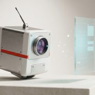 Robot-crawler industriel 3D scannant un panneau de données holographique — illustration éditoriale visibilité IA ChatGPT Perplexity