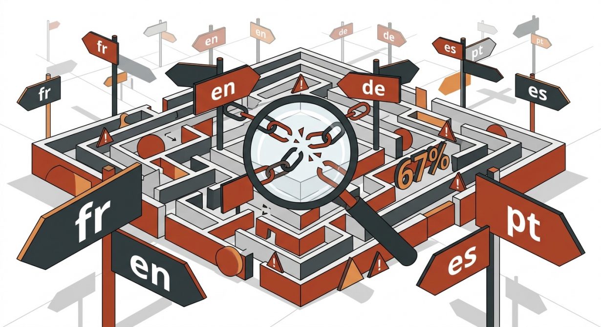 Labyrinthe multilingue avec loupe et chaînes brisées