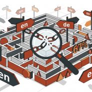Labyrinthe multilingue avec loupe et chaînes brisées