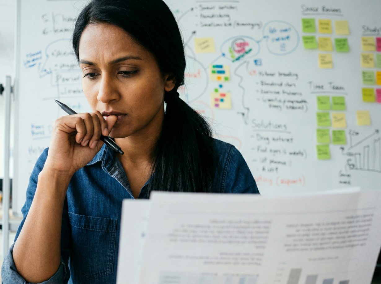 Professionnelle concentrée analysant des objectifs SEO devant un tableau de planification stratégique