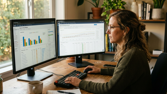 Femme travaillant sur deux écrans d’analyse