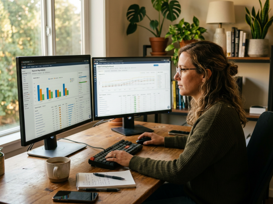 Femme travaillant sur deux écrans d’analyse
