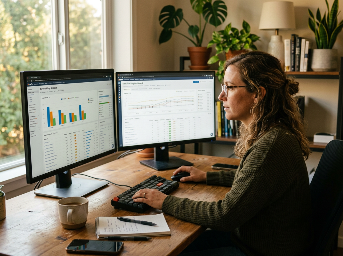 Femme travaillant sur deux écrans d’analyse