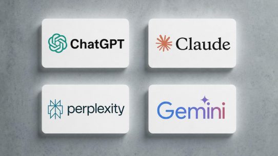 Logos ChatGPT, Claude, Perplexity et Gemini — les quatre principaux answer engines en 2026