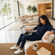Femme travaillant sur ordinateur portable dans salon moderne