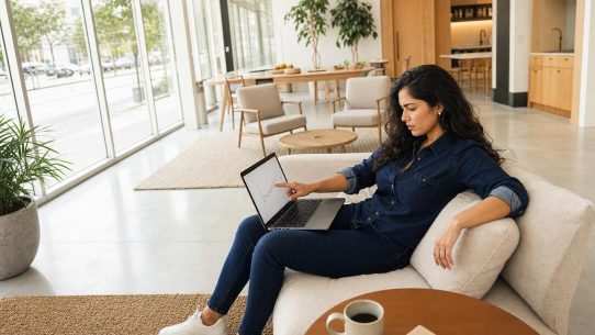 Femme travaillant sur ordinateur portable dans salon moderne