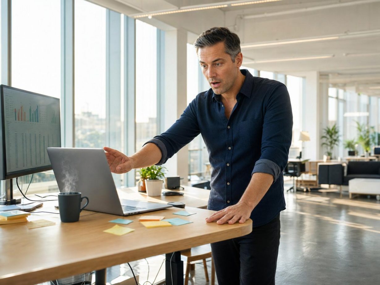 Homme surpris devant ordinateur portable fumant au bureau