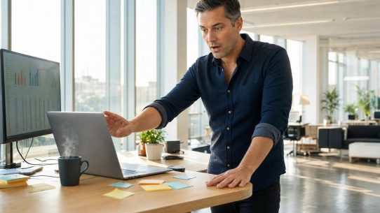 Homme surpris devant ordinateur portable fumant au bureau