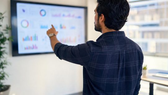 Homme pointant des graphiques sur écran en bureau