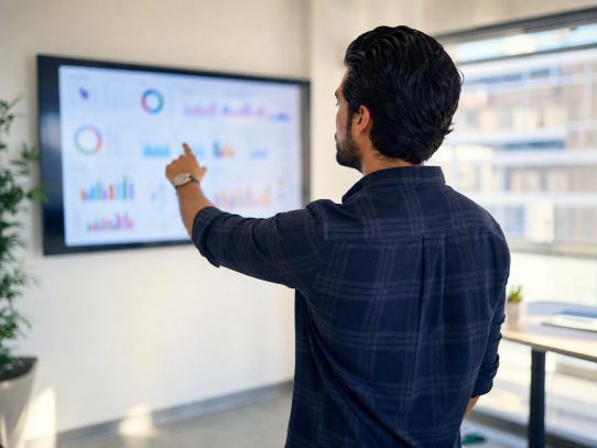 Homme pointant des graphiques sur écran en bureau