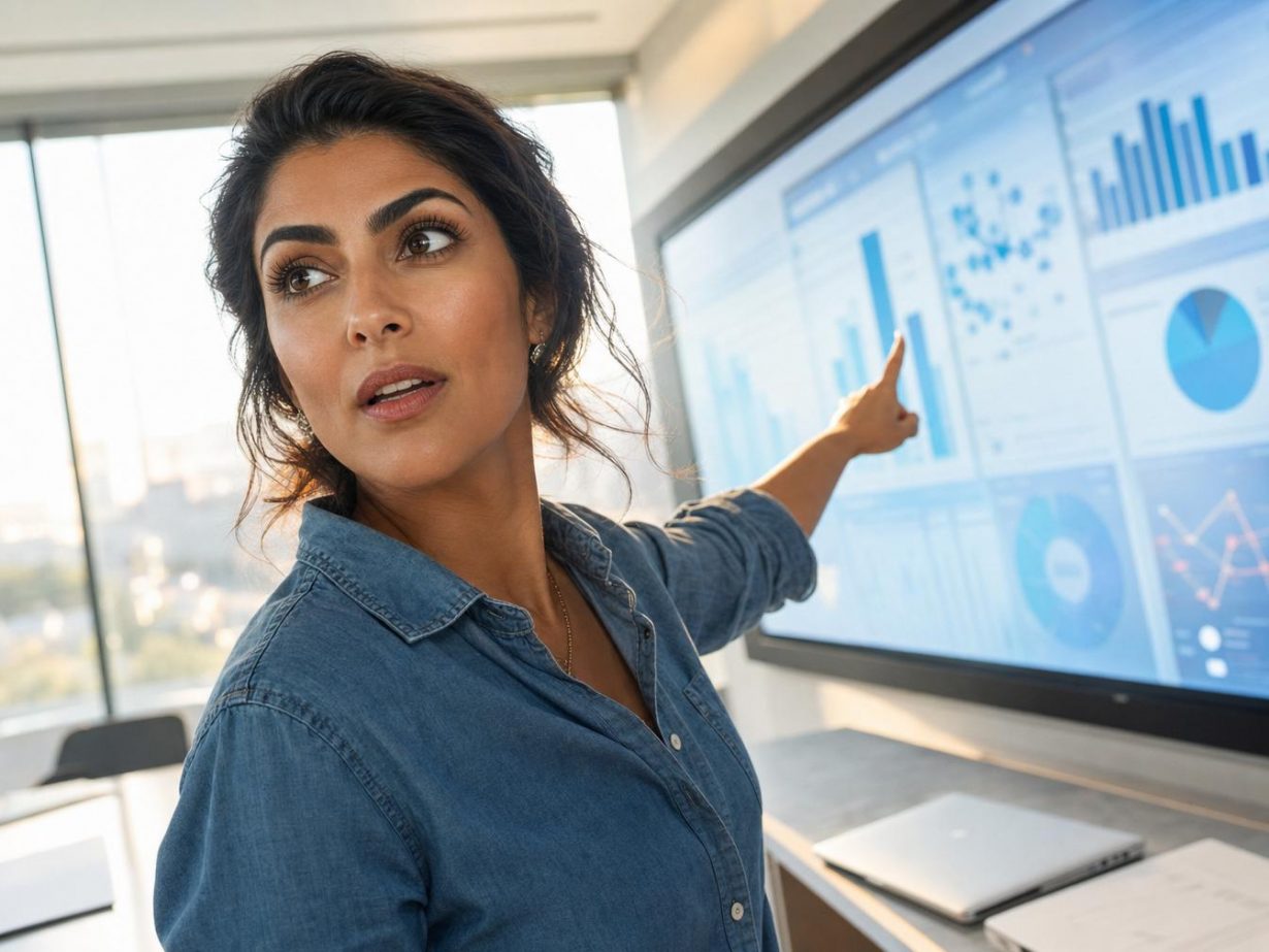Femme présentant des graphiques sur écran interactif