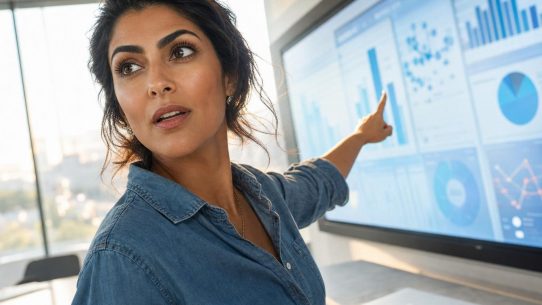 Femme présentant des graphiques sur écran interactif
