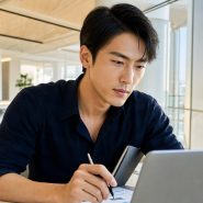 Consultant marketing evaluant une proposition d audit SEO sur ecran, bureau moderne lumineux