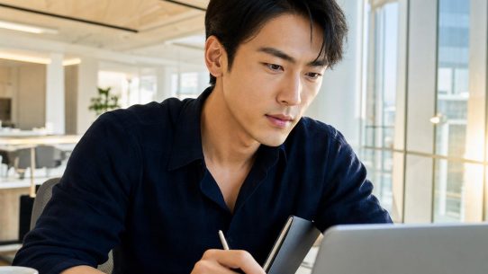 Consultant marketing evaluant une proposition d audit SEO sur ecran, bureau moderne lumineux