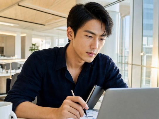 Consultant marketing evaluant une proposition d audit SEO sur ecran, bureau moderne lumineux