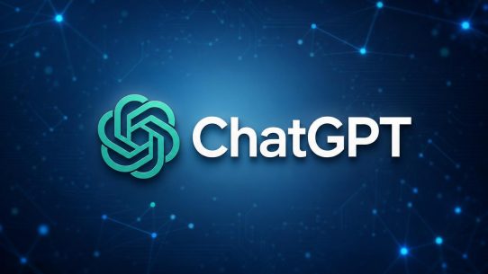 Logo ChatGPT sur fond technologique bleu