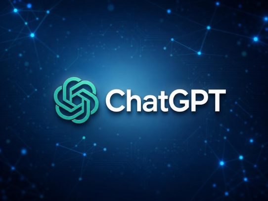 Logo ChatGPT sur fond technologique bleu