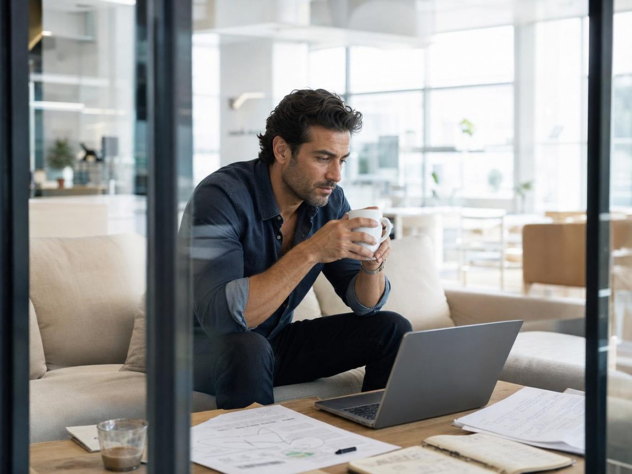 Homme travaillant sur ordinateur portable avec café