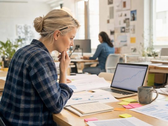 Femme analysant graphiques sur ordinateur portable au bureau