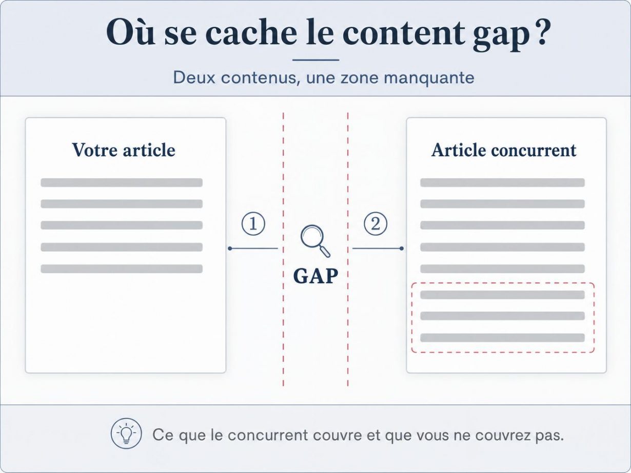 Infographie où se cache le content gap : texte de votre article à gauche, texte de l'article concurrent à droite, avec le gap de contenu mis en évidence au centre