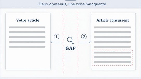 Infographie où se cache le content gap : texte de votre article à gauche, texte de l'article concurrent à droite, avec le gap de contenu mis en évidence au centre