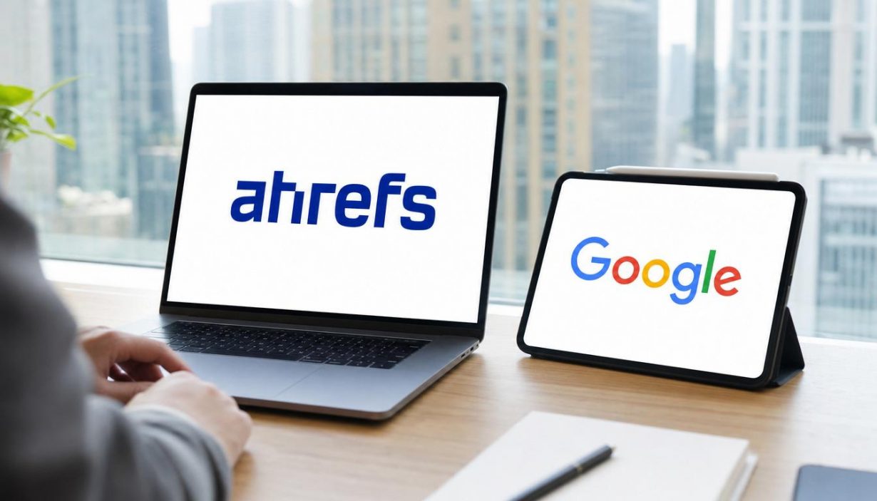 Logos Ahrefs et Google sur laptop et tablette
