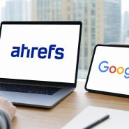 Logos Ahrefs et Google sur laptop et tablette