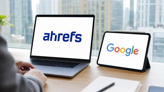 Logos Ahrefs et Google sur laptop et tablette
