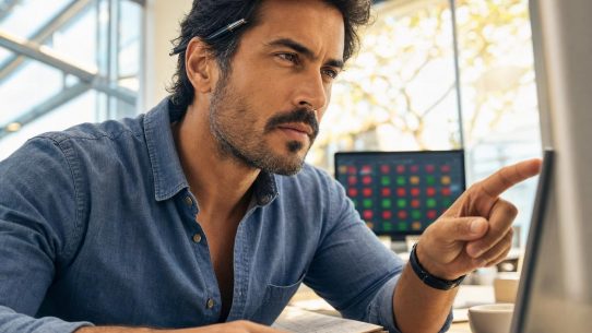 Homme concentré travaillant sur ordinateur portable au bureau