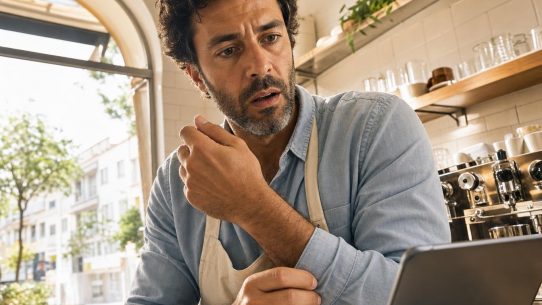 Barista inquiet regardant une tablette au café