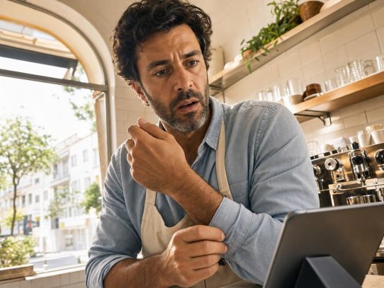 Barista inquiet regardant une tablette au café