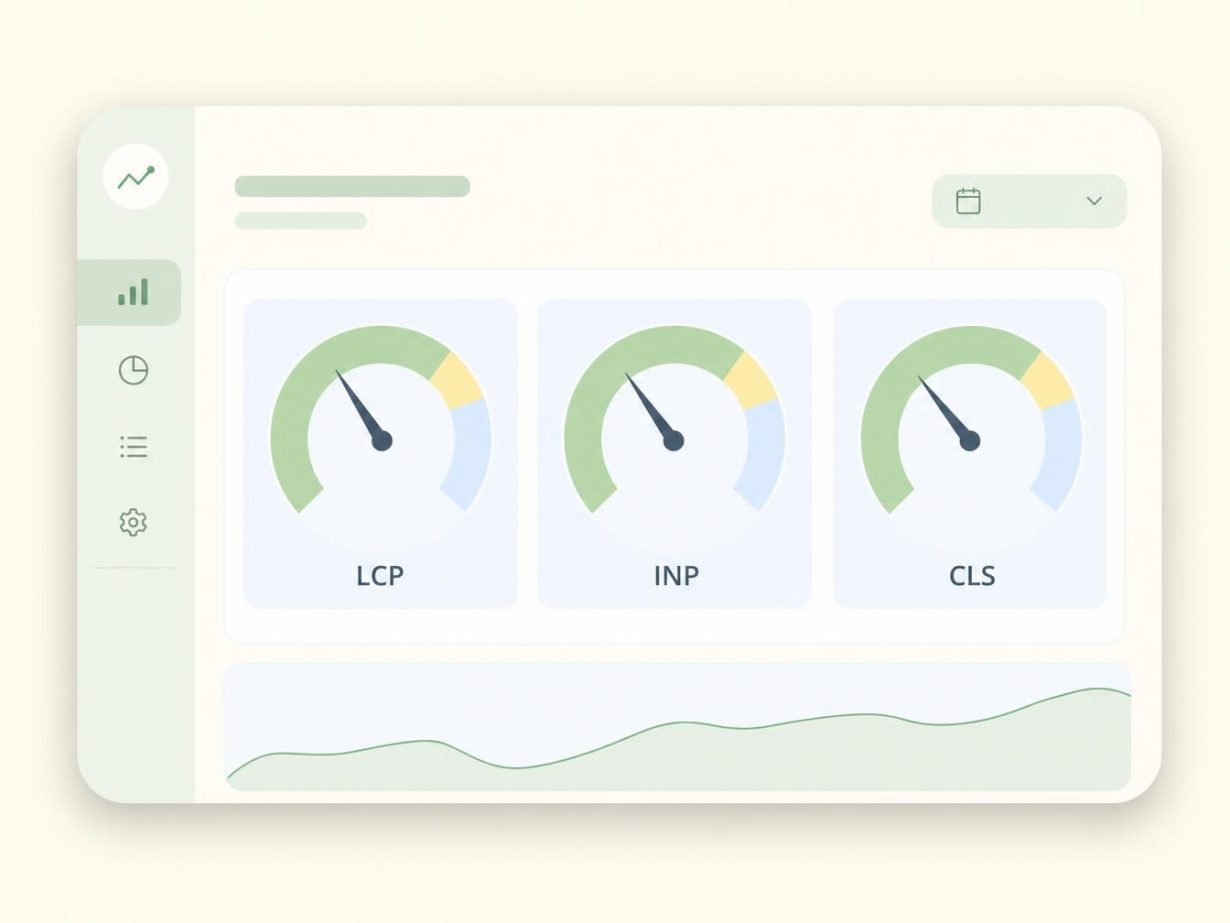 Tableau de bord de performance WordPress affichant les trois jauges Core Web Vitals LCP, INP et CLS au vert