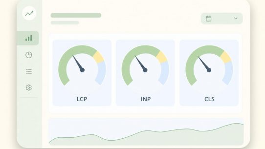 Tableau de bord de performance WordPress affichant les trois jauges Core Web Vitals LCP, INP et CLS au vert
