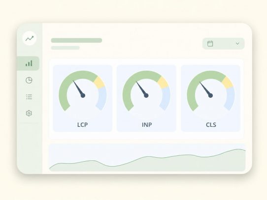 Tableau de bord de performance WordPress affichant les trois jauges Core Web Vitals LCP, INP et CLS au vert