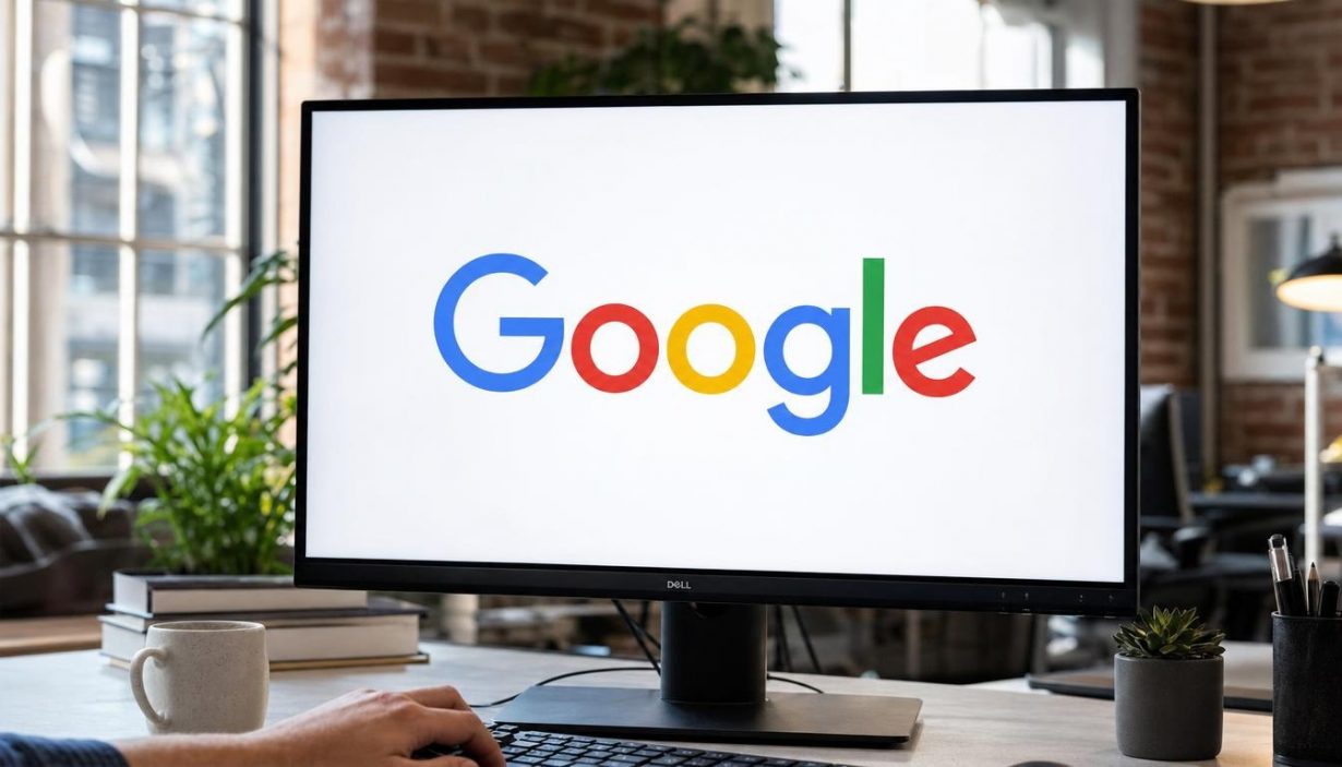 Logo Google affiché sur un écran de bureau, documentation SEO Search Central