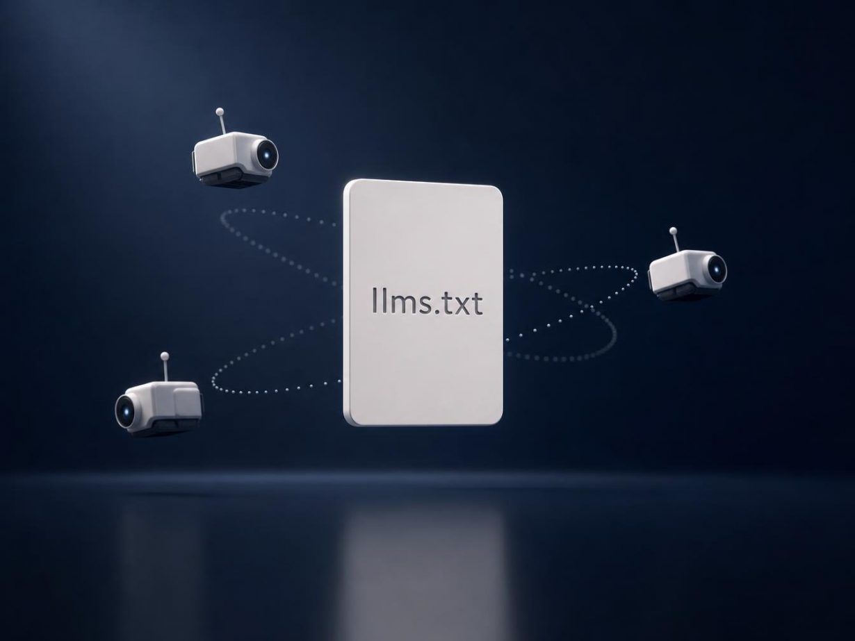Illustration llms.txt entouré de robots connectés