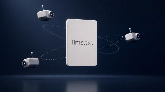 Illustration llms.txt entouré de robots connectés