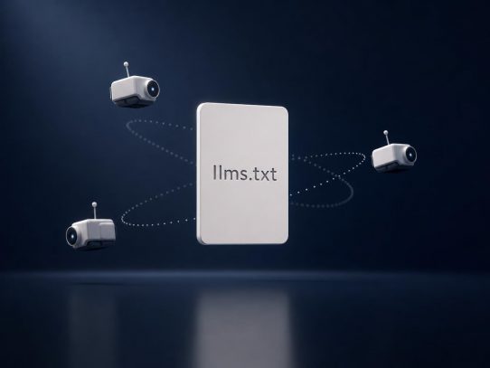 Illustration llms.txt entouré de robots connectés