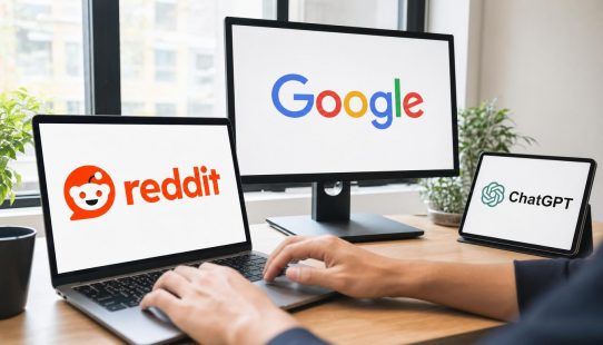 Logos Reddit, Google et ChatGPT affichés sur laptop, moniteur et tablette dans un espace de travail