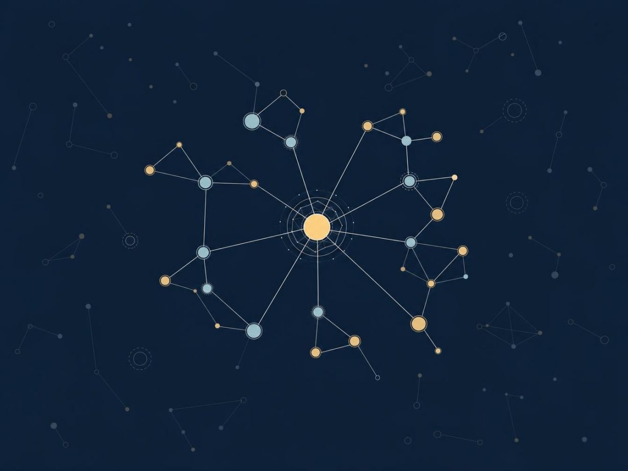 Réseau abstrait de nœuds connectés sur fond bleu