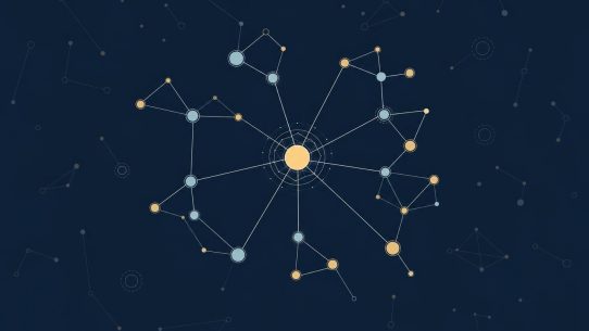 Réseau abstrait de nœuds connectés sur fond bleu