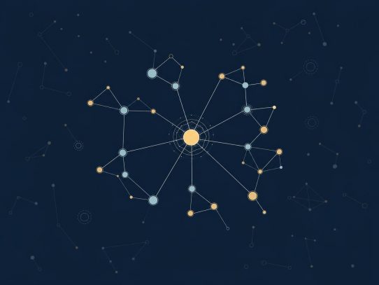 Réseau abstrait de nœuds connectés sur fond bleu