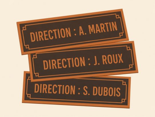 Trois plaques d'identité rectangulaires identiques en design plat, alignées en éventail. Chacune porte le même intitulé "DIRECTION :" suivi d'un nom différent : A. MARTIN, J. ROUX et S. DUBOIS, illustrant trois versions contradictoires de l'identité d'une même marque.